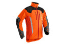 Displayed is the "Husqvarna Extreme Forest Jacket," an orange and black outdoor jacket with gray accents and reflective strips. It features a high collar, long sleeves, ventilation openings for added comfort, and zippered pockets. The brand name "Husqvarna" is visible on the chest.