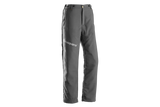 The Husqvarna Classic Entry Waist trousers are a pair of grey protective pants with "Husqvarna" printed in white on the right thigh. Ideal for chopping firewood, these durable pants feature belt loops, a button closure, and reinforced stitching, delivering affordable performance and reliable chainsaw protection.