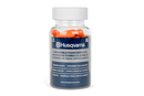 A clear bottle labeled "Husqvarna 25 Pairs of Ear Plugs" contains orange disposable foam ear plugs. The label indicates "NRR 32dB" and includes text in English, French, and Spanish. The container has a white cap.