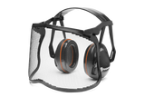 The Husqvarna Garden Earmuff with Mesh Visor is a black protective face shield that features an attached mesh visor and ear protection earmuffs, designed for safety during tasks like chainsaw use or landscaping. The garden earmuffs are black with orange accents, and the word "Husqvarna" is prominently visible on one.