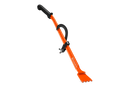 The Husqvarna Breaking Bar - with Cant Hook 80cm by Husqvarna features an orange finish and a black, ergonomic handle. It is constructed from forged steel, boasting a serrated edge on one end and a curved, pointed crowbar-like tip on the other. The middle of the tool includes an adjustable strap for securing to the user's forearm, enhancing grip and stability during use.