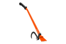 The Husqvarna Breaking Bar - with Cant Hook 80cm by Husqvarna features an orange finish and a black, ergonomic handle. It is constructed from forged steel, boasting a serrated edge on one end and a curved, pointed crowbar-like tip on the other. The middle of the tool includes an adjustable strap for securing to the user's forearm, enhancing grip and stability during use.