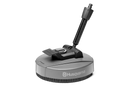 The Husqvarna Surface cleaner SC 300 is a circular, gray attachment featuring a rotating brush on the bottom and an adjustable black handle on top. Perfect for use with pressure washers, the brand name "Husqvarna" is printed on the side in white letters.