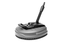 The image shows a Husqvarna Surface Cleaner SC 400 attachment designed for pressure washers. It has a round base with bristles on the underside and a swivel handle attachment on top. The rotating cleaner also features the Husqvarna logo visibly displayed on the side.