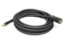 The Husqvarna Water Pressure Extension Hose by Husqvarna is coiled and black, featuring a male connector on one end and a female connector on the other. The male connector, with its metallic tip divided into three colored sections, attaches effortlessly through quick coupling, while the textile reinforcement of the hose guarantees durability.