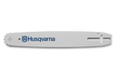 A white Husqvarna Guide Bar 10" 1/4" .050" 60DL Small Bar Mount (A095) against a black background. The Husqvarna logo and name are printed in blue on the left side of the bar. Designed for cutting control and kickback reduction, this bar features a guide slot and oil holes on the right side.