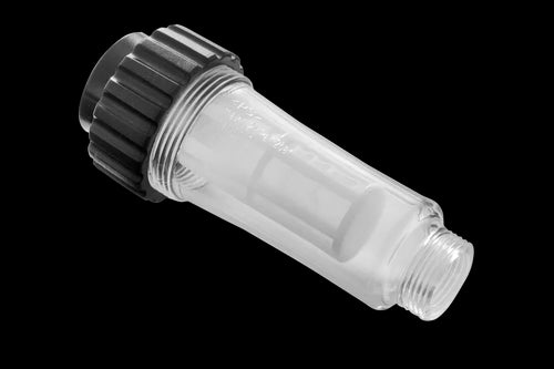 The Husqvarna Water Filter is a clear plastic inline filter with black end caps, specifically designed to protect pumps in pressure washers. This cylindrical filter from Husqvarna features screw threads on both ends for effortless attachment and includes a visible internal filtering mechanism.