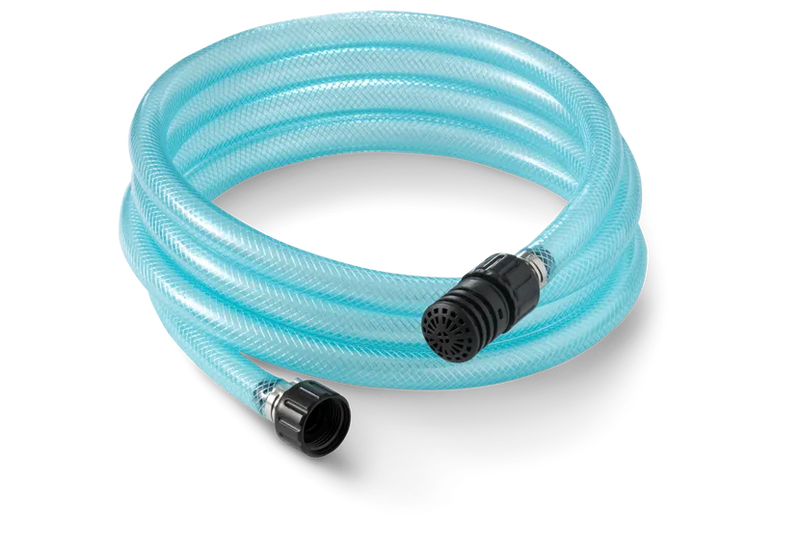 The Husqvarna Pressure Washer Suction Hose, a coiled, semi-transparent blue garden hose with black plastic connectors at both ends, features a textured surface. One connector is equipped with a spray nozzle, while the other end includes a threaded fitting for attaching to a water source or Husqvarna Pressure Washer.