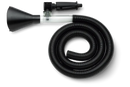 A black, coiled flexible hose featuring the Husqvarna Water Suction Nozzle with a large funnel shape and an electrical component at one end is used for various suction or ventilation applications, including water removal. This Husqvarna product is displayed against a plain white background.