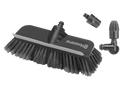 A Husqvarna cleaning brush attachment with stiff bristles, part of the Husqvarna Vehicle Cleaning Kit by Husqvarna, is displayed against a white background. The attachment includes a main brush and smaller connected components.