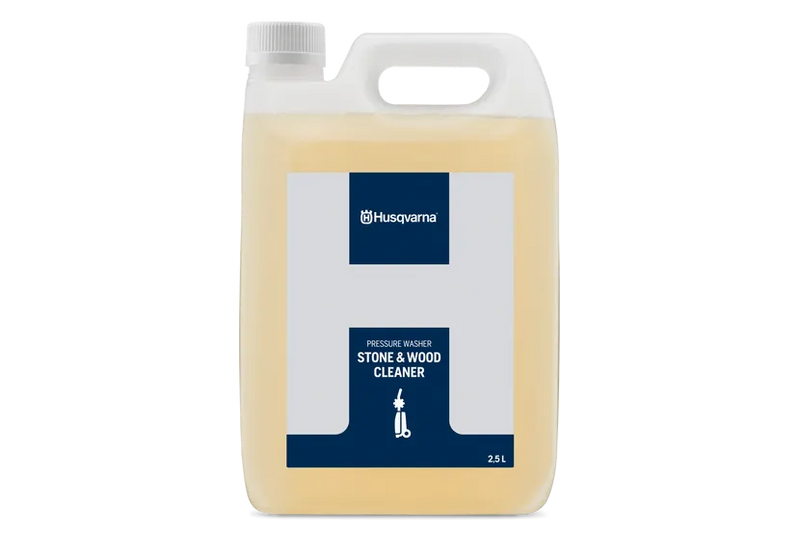 The "Husqvarna Stone and Wood Cleaner" is a white and blue rectangular plastic container with a handle on top, labeled as "Pressure Washer Stone & Wood Cleaner" by Husqvarna. It has a volume of 2.5 liters and contains a light yellow liquid that is perfect for cleaning bricks, wood, and pavements.