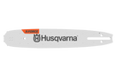 The Husqvarna X-Force Guide Bar 12" 3/8" LP .043" 45DL is a silver chainsaw chain bar that showcases the brand name and logo prominently in black. It features orange detailing near the top left corner and includes a slot for the chain to fit through.