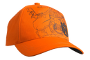 The Husqvarna Xplorer Cap pioneer saw orange features a technical line drawing of mechanical engine components in black on the front panel. With an adjustable hook and loop closure, it also sports a black Husqvarna logo right below the drawing.