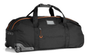 The Husqvarna Xplorer Trolley Bag 90L is a black rolling duffel bag with orange accents and the brand name "Husqvarna" printed on the side. This versatile trolley bag features rubber wheels, a retractable handle for easy transport, as well as padded handles and shoulder straps for comfortable carrying.