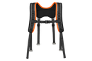 The Husqvarna Harness by Husqvarna is a black and orange hiking backpack harness equipped with multiple straps and buckles to ensure a secure fit and optimal load distribution. It features a padded back panel, along with adjustable, padded shoulder straps for enhanced comfort.