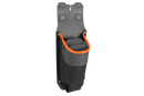 The Husqvarna Wedge Pocket, by Husqvarna, is a black and gray tool pouch with an orange trim designed to attach to a belt or equipment. It features a top flap with two slots for fastening and includes a wedge pocket ideal for holding small tools or accessories.