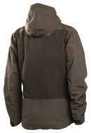 The Husqvarna Xplorer Shell Jacket - Forest Green is showcased on an invisible mannequin. Crafted from water-resistant shell material, this dark green jacket features a hood, zippered chest and side pockets, and eye-catching orange accents. It also proudly displays the Husqvarna logo stitched on both the chest and arm, while adjustable ventilation provides added comfort.