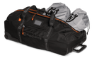 The Husqvarna Xplorer Trolley Bag 90L is a black rolling duffel bag with orange accents and the brand name "Husqvarna" printed on the side. This versatile trolley bag features rubber wheels, a retractable handle for easy transport, as well as padded handles and shoulder straps for comfortable carrying.