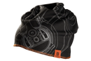 The Husqvarna Xplorer Beanie pioneer saw is a black beanie with an intricate grey mechanical drawing design, complemented by an orange hem and a tag that features the Husqvarna logo and illegible text. Made from Coolmax air material, this soft and stretchy fabric makes it perfect for cold weather.
