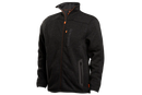 The Husqvarna Xplorer Fleece Jacket in Granite Grey features a high collar and a full zipper. This cozy companion boasts orange zipper accents and two side pockets, one with a horizontal zipper. The fabric has a textured, knitted fleece appearance, with the brand's logo subtly embossed on the front.