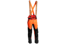 An image of Husqvarna Technical Extreme Waist trousers, high-visibility orange and black protective work pants with adjustable suspenders. These pants, made by Husqvarna, feature Cordura reinforcement at the knees and multiple pockets. The suspenders are adjustable and include reflective strips for enhanced visibility, making them ideal for forest work.
