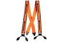 Introducing the bright orange adjustable Husqvarna Braces With Leather, proudly showcasing the black Husqvarna branding. Ideal for chainsaw pants, these high-quality braces come equipped with metal buckles and durable black elastic straps for secure attachment, offering robust support and a polished appearance.