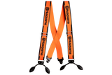 Introducing the bright orange adjustable Husqvarna Braces With Leather, proudly showcasing the black Husqvarna branding. Ideal for chainsaw pants, these high-quality braces come equipped with metal buckles and durable black elastic straps for secure attachment, offering robust support and a polished appearance.