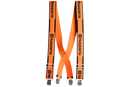 The image shows a pair of orange Husqvarna Braces With Metal Clips with black details and the brand name "Husqvarna" printed repeatedly in black along the length. The suspenders feature adjustable straps and durable metal clips at the ends, perfect for securing to chainsaw pants.