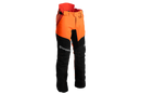 A pair of Husqvarna Arbor Waist trousers, Technical Extreme, in orange and black with attached suspenders designed for climbing and working in trees. These trousers feature multiple pockets, reinforced knee areas, and adjustable straps branded with "Husqvarna." The rugged design offers safety, agility, and functionality for demanding tasks.