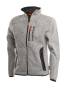 The Husqvarna Xplorer Fleece Jacket for women in Steel Grey features black accents, an orange zipper pull on the chest pocket, and vertical "Husqvarna" branding on the left side of the chest. Made from soft knitted material, this zip-up jacket also includes a high collar and two side pockets for added convenience.