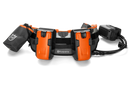 A Husqvarna Battery belt FLEXI with multiple compartments, designed to hold and power various outdoor tools. The belt features adjustable straps, two main orange battery holders, a black pouch on the left, and a connected power module on the right—perfect for maintaining lawns efficiently.