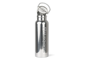 The Husqvarna Xplorer Insulated Water Bottle - 0.5L is a metallic water bottle featuring a stainless steel finish and vertical "HUSQVARNA" branding. It includes double wall copper vacuum insulation and comes with a looped cap and a small carabiner for easy carrying. The background is white.