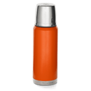 The Husqvarna Xplorer Insulated Bottle - 0,75L features an orange stainless steel body with a shiny silver cup lid and copper vacuum insulation. Its sleek, cylindrical design ensures your beverage stays hot or cold for hours. The versatile cup lid also functions as a drinking vessel, making this bottle perfect for any temperature drink suitable for any adventure.