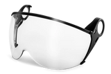The Husqvarna Arborist Spire Vent Visor, a clear safety face shield with a black frame and side loops for attachment, featuring a panoramic lens, is shown against a white background. This shield is designed to protect the face from debris and particles.