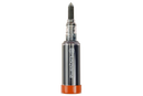 A Husqvarna Grease Gun - Pre-filled 60ml featuring a metallic cylindrical design with an orange base and a transparent top section revealing the internal components. The brand name "Husqvarna" is printed vertically on its body, and it includes an extended nozzle designed for applying high-quality grease. The background is entirely black.