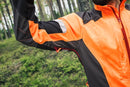 The Husqvarna Technical Forest Jacket is an orange and black outdoor jacket with a high collar and multiple panels. Made from four-way stretch polyester, it features a prominent white Husqvarna logo on the right chest and arm. The jacket includes ventilation openings and reflective strips for added visibility, making it sleek, functional, and ideal for forestry work.