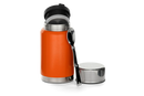 Image of the Husqvarna Xplorer Insulated Food Can - 0.6L in orange with its lid off. The silver and black lid rests on the surface next to the can. A black and silver carabiner is attached to the can's neck. With a wide mouth opening, this food can from Husqvarna features vacuum insulation for optimal temperature control.
