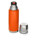 The Husqvarna Xplorer Insulated Bottle - 0,75L features an orange stainless steel body with a shiny silver cup lid and copper vacuum insulation. Its sleek, cylindrical design ensures your beverage stays hot or cold for hours. The versatile cup lid also functions as a drinking vessel, making this bottle perfect for any temperature drink suitable for any adventure.