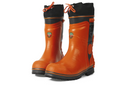 A pair of bright orange Husqvarna Protective boots - Functional 24 with black accents around the top edges and soles. The boots have a lace-up feature and reflective patches near the top. There's a Husqvarna logo on the side along with some certification marks, making them essential accessories for any rider. The soles appear thick and sturdy.