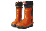 A pair of bright orange Husqvarna Protective boots - Functional 24 with black accents around the top edges and soles. The boots have a lace-up feature and reflective patches near the top. There's a Husqvarna logo on the side along with some certification marks, making them essential accessories for any rider. The soles appear thick and sturdy.
