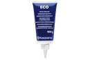 A 100-gram blue tube of Husqvarna Eco Bevel Gear Grease, showcasing the "ECO" and "Husqvarna" labels with white text in multiple languages including English, ideal for lubricating brushcutter bevel gears and transmissions. The tube features a convenient nozzle cap for easy application.