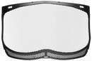 The Husqvarna Ultra Vision Visor by Husqvarna is a black mesh face shield, mainly constructed from fine, interwoven metal wires with a solid, curved black frame encircling its edges. This ergonomic visor is designed to protect the face and minimize light exposure, making it perfect for industrial or safety contexts.