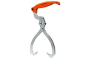 The Husqvarna Lifting Tongs by Husqvarna feature a bright orange, ergonomic handle and a claw-like mechanism at the bottom designed for gripping. Constructed from hardened steel, the tool boasts a silver body with various bolts and joints, ensuring secure grabbing and lifting of objects.