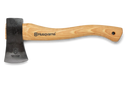 The Husqvarna Hatchet - Hickory Shaft features a polished Hickory handle with a natural wood finish, displaying the Husqvarna logo. Its sturdy and well-crafted black metal head is made from Swedish steel and labeled "Hand Forged.