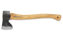 The Husqvarna Carpenter Axe, crafted by Husqvarna, features a curved wooden handle engraved with the "Husqvarna" logo near the head. Its hand-forged Swedish steel head boasts a sharp blade on the left side, making it durable and robust for chopping tasks.