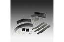 A set of Husqvarna replacement parts, perfect for Zero Turn and Lawn Tractor models, lies on a black background. Included in the 72" Mulching Kit are curved metal pieces, blades, bolts, nuts, and various small hardware components arranged neatly. Ideal for upgrading with the Husqvarna 72" Mulching Kit that suits PZ Series.