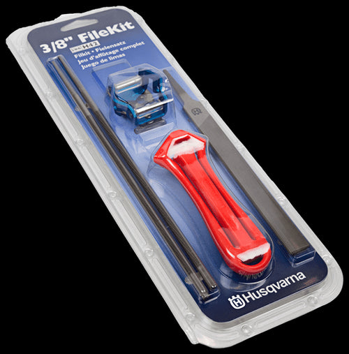 The packaging for the Husqvarna Filing Kits includes two round files, a flat file, a depth gauge tool, and a red/orange file handle. The background features a blue paper insert with text in multiple languages and the Husqvarna logo at the bottom, ensuring your chains remain perfectly sharpened.