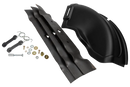 A complete Husqvarna 54" Mulching Kit, designed for Z254 and RZ Pressed Deck mowers, includes a curved black plastic fender, a long metal strip with mounting holes, several small brackets, screws, washers, and fasteners. Ideal for your Husqvarna ZTR Zero Turn mower. The parts are arranged on a white background for display.