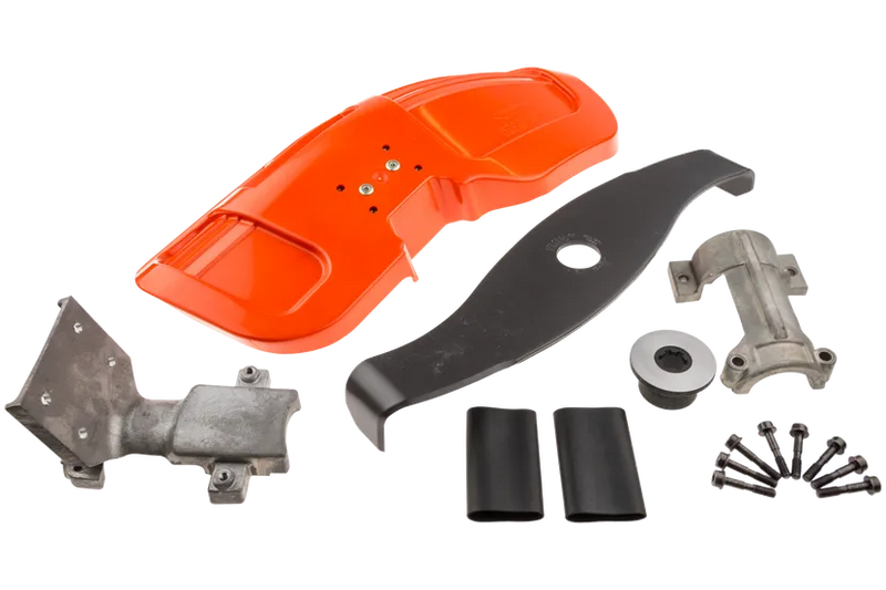 A collection of industrial metal parts, including orange and black components, small metal brackets, and various metallic pieces organized on a white background. This assortment features the Husqvarna Shredder Blade Kit from Husqvarna, with the components varying in size and shape. Some parts appear to be covers or protective elements for brushcutters.