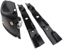 Image of the Husqvarna Garden Tractor 38" Mulching Kit by Husqvarna, featuring a black grass deflector chute with a metal hinge and pin, and two elongated black mulching blades with center star-shaped holes and additional mounting holes.